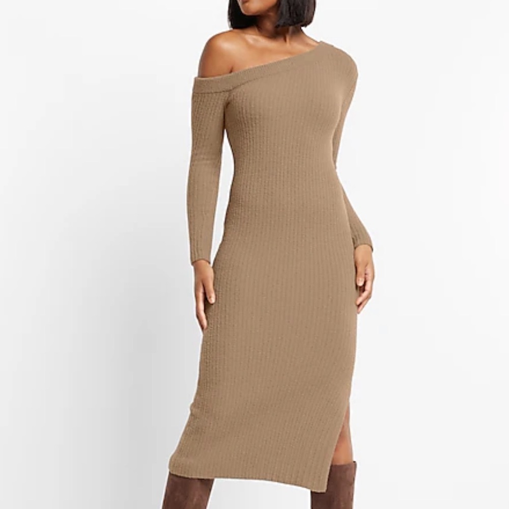 Express Cozy Ribbed One Shoulder Midi Sheath Dress size small